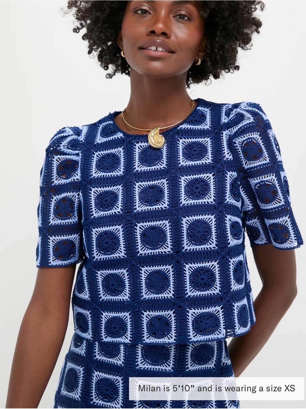 Navy & Light Blue Crochet Square Short Sleeve Crop Top
